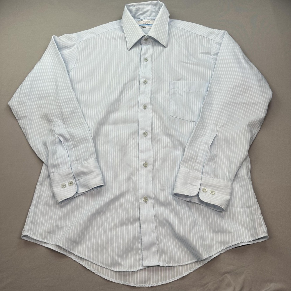 VTG Sears Perma-Prest Shirt Mens 16.5 32-33 Light Blue Striped Woven Fitted 70s